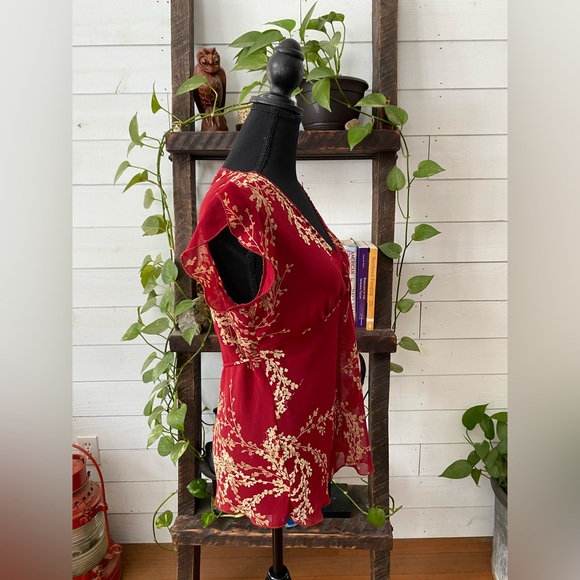 Helium: Red V Neck Top with Lace Trim - Picture 11 of 17